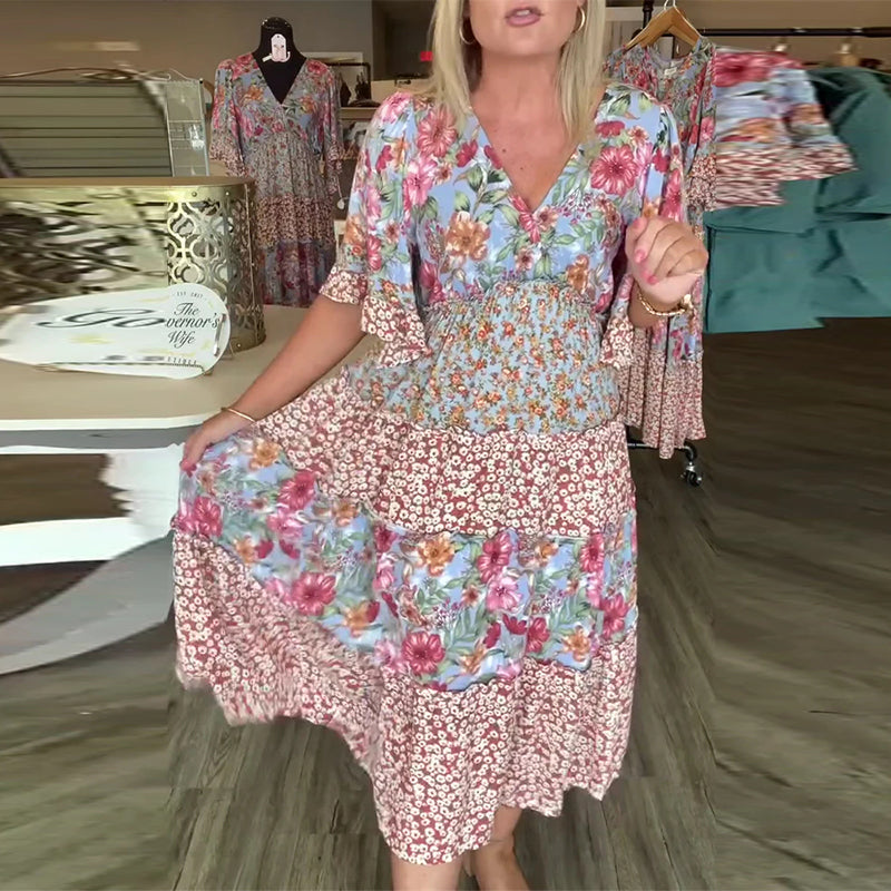 Quinta | Dress With V Neck Lotus Sleeves Floral Print