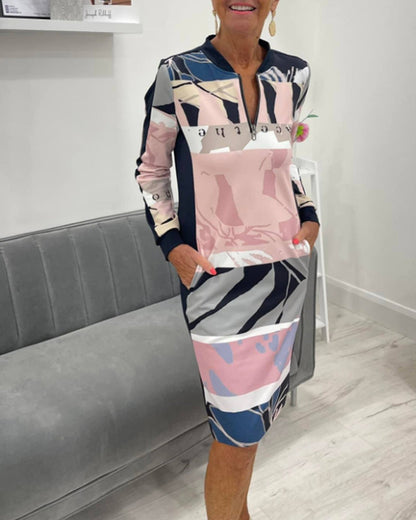 Monna | Long Sleeve Dress With Zipper And Colour Block