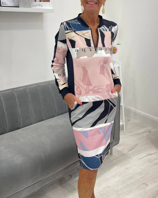 Monna | Long Sleeve Dress With Zipper And Colour Block