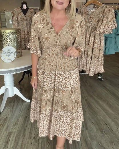 Quinta | Dress With V Neck Lotus Sleeves Floral Print