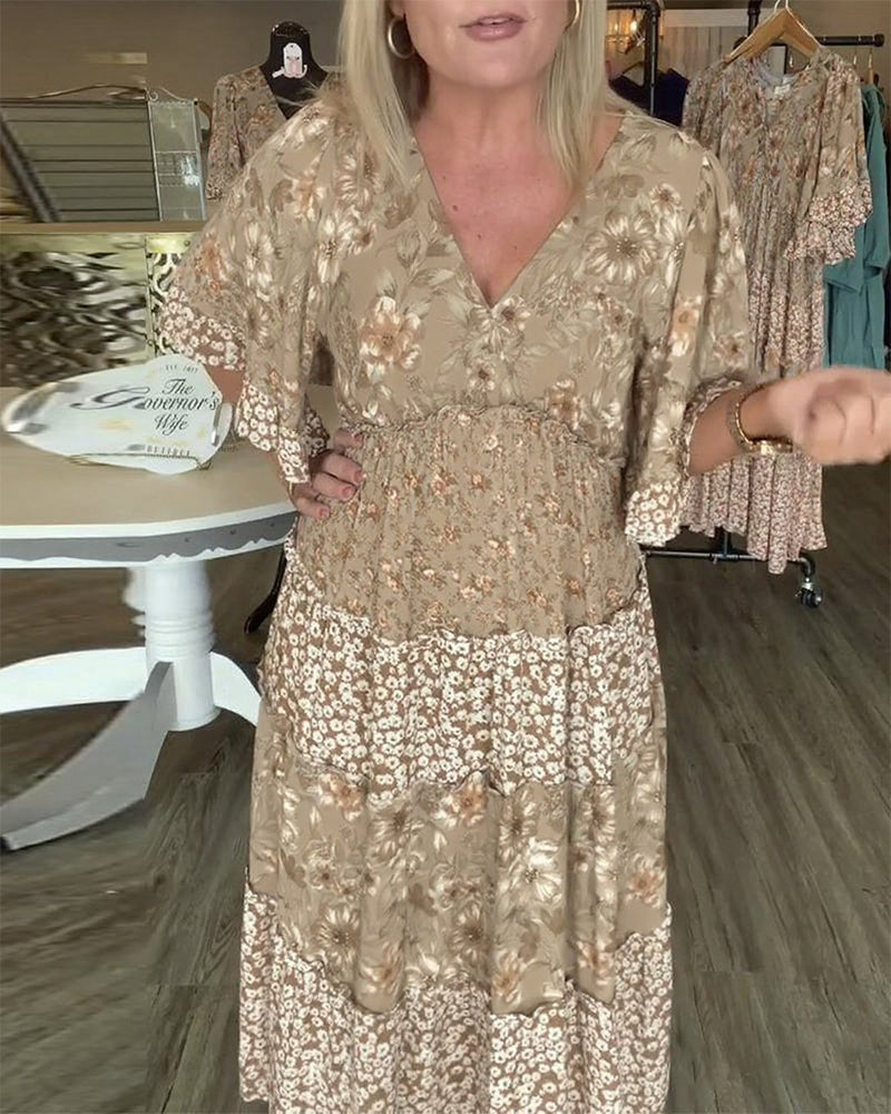 Quinta | Dress With V Neck Lotus Sleeves Floral Print