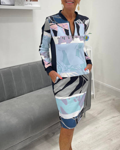 Monna | Long Sleeve Dress With Zipper And Colour Block